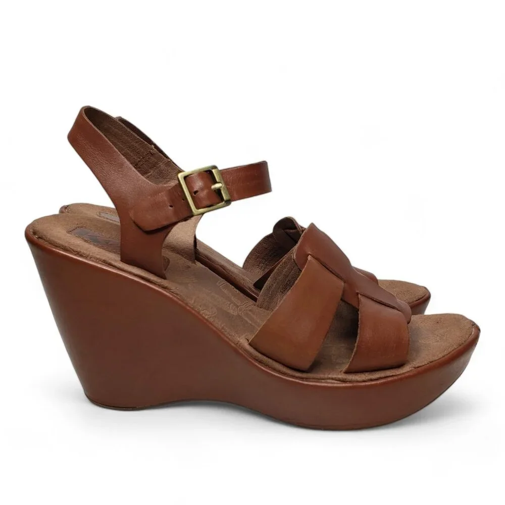 Korks by Kork Ease Platform Wedge Women's Della Brown Leather Strappy Buckled 10